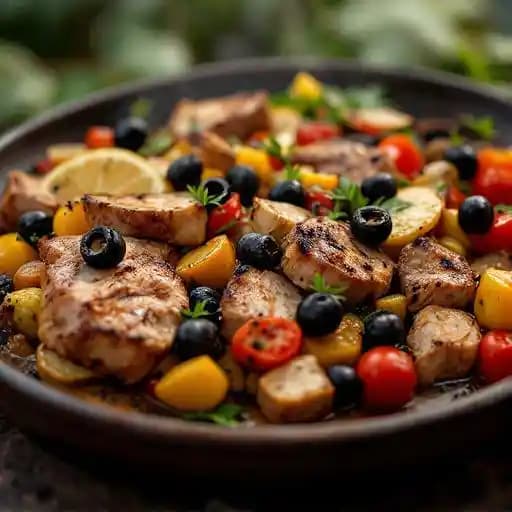 Parrilade de viandes à la catalane, ratatouille de légumes, sauce ail y oli et tapenade d'olives noires