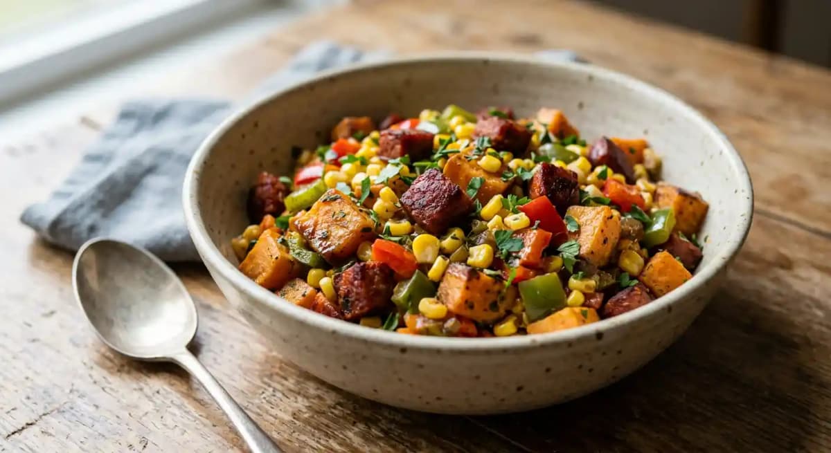 CHORIZO AND SWEET POTATO SUCCOTASH