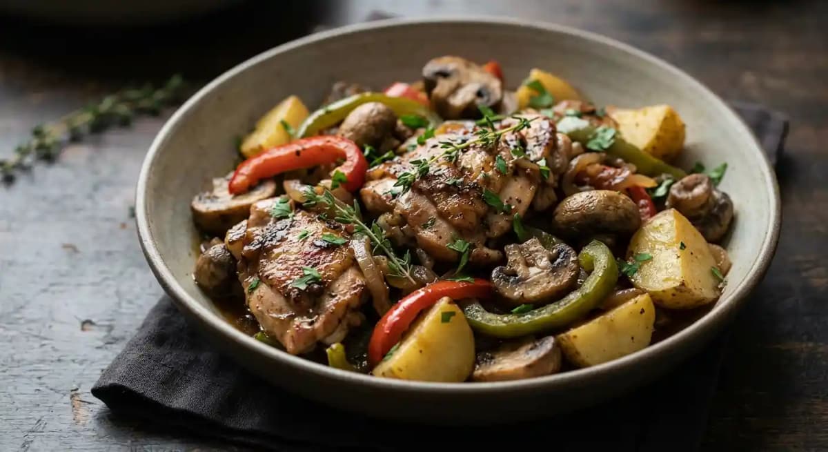 Chicken Sautéed with Peppers, Mushrooms, and Potatoes