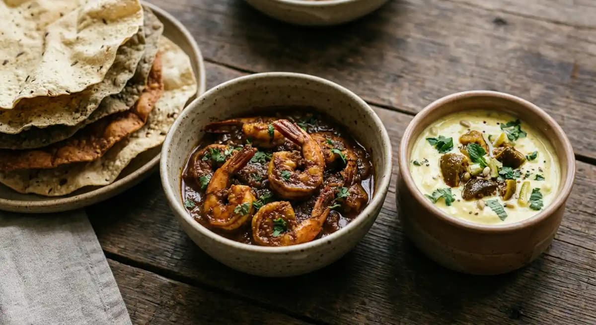 Pappadum Selection, Shrimp Sorpotel & Nimbu Achari Raita