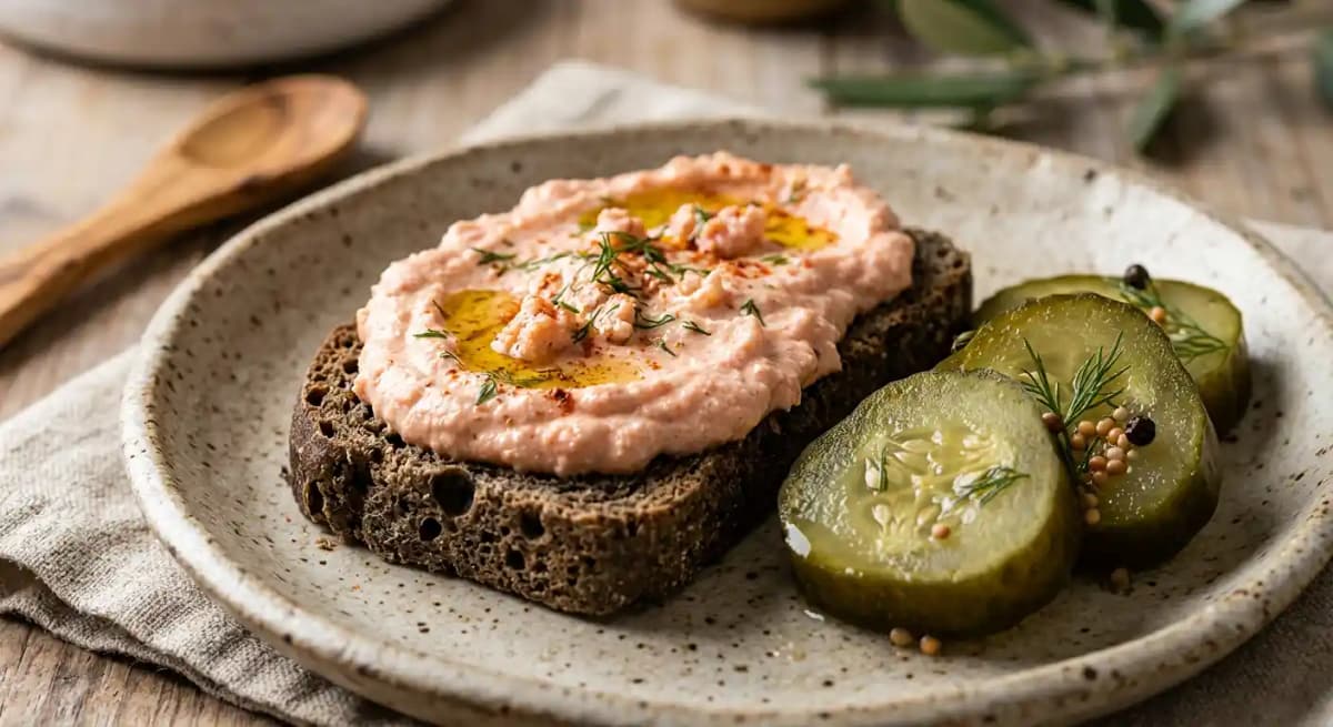 tarama, pickled cucumber, carob rusk