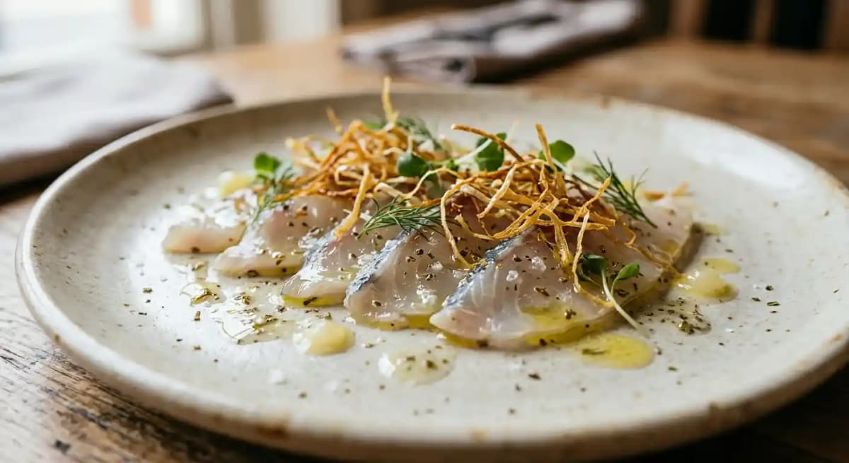 cornish sea bass crudo, ladolemono, crispy leek