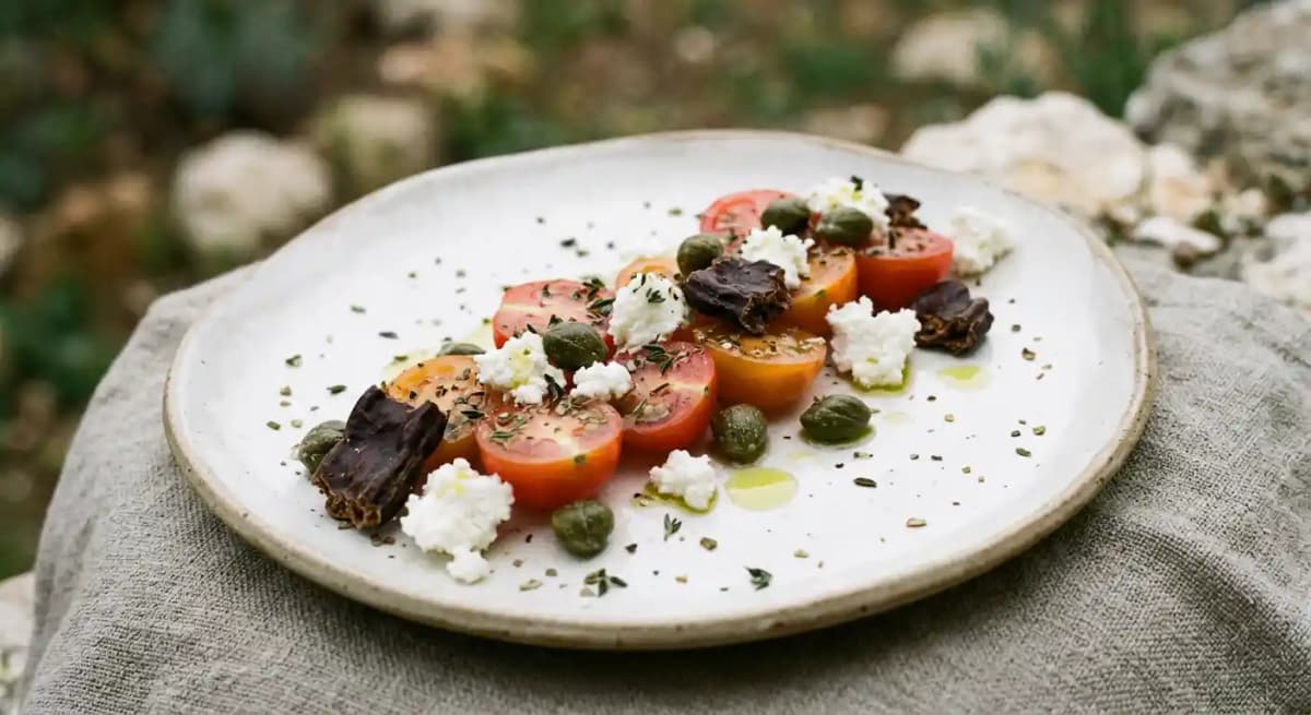 flourish tomato, caper, mizithra, carob