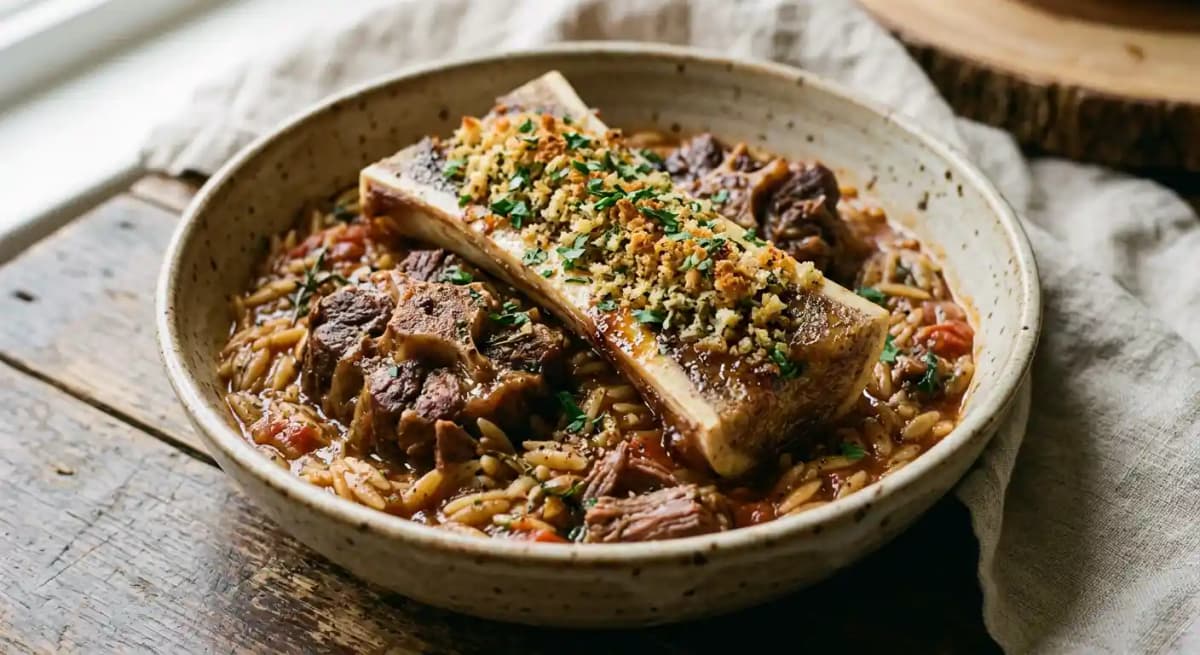 oxtail giouvetsi, bone marrow, beef fat pangrattato