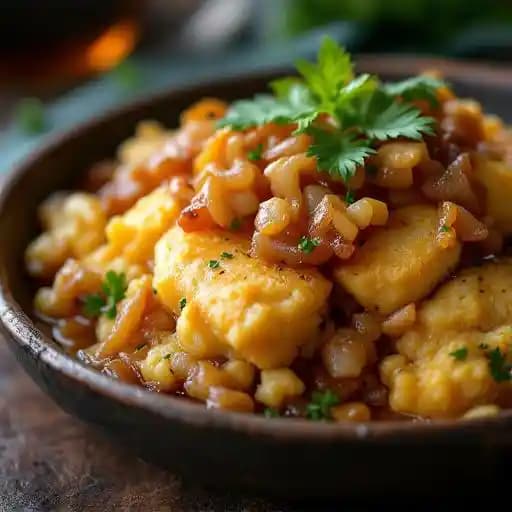 Mofongo w/Fish sauteed in onions
