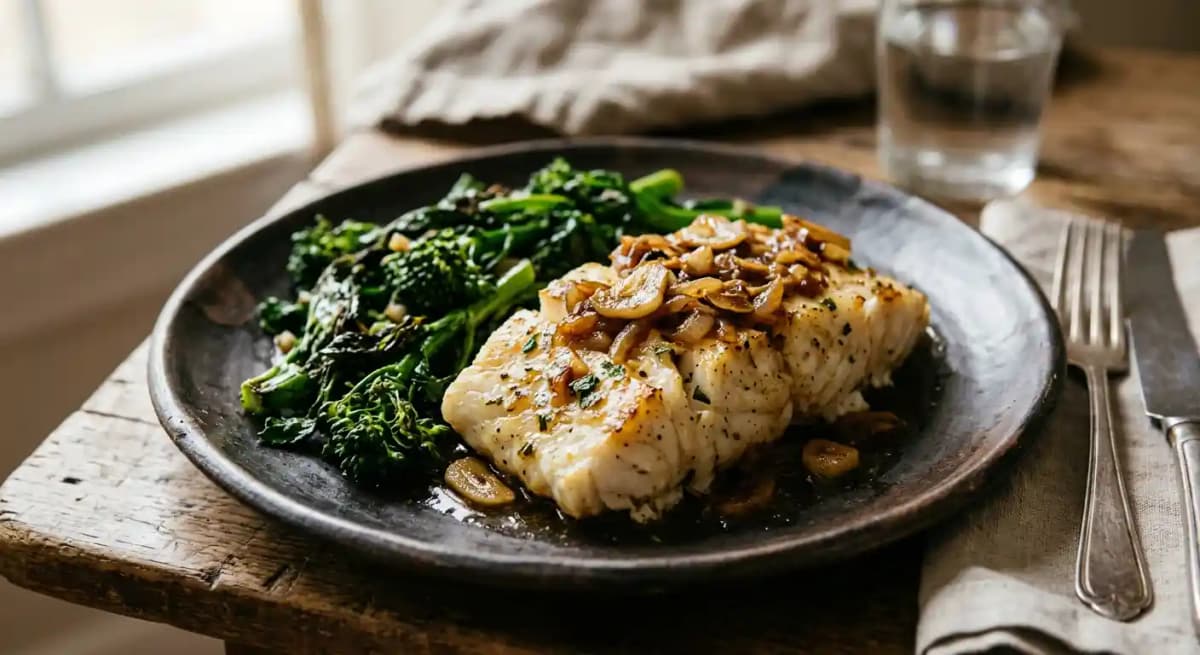 Filete de Bacalhau Fresco ao Forno à "Bilbaina" c/ Grelos Salteados