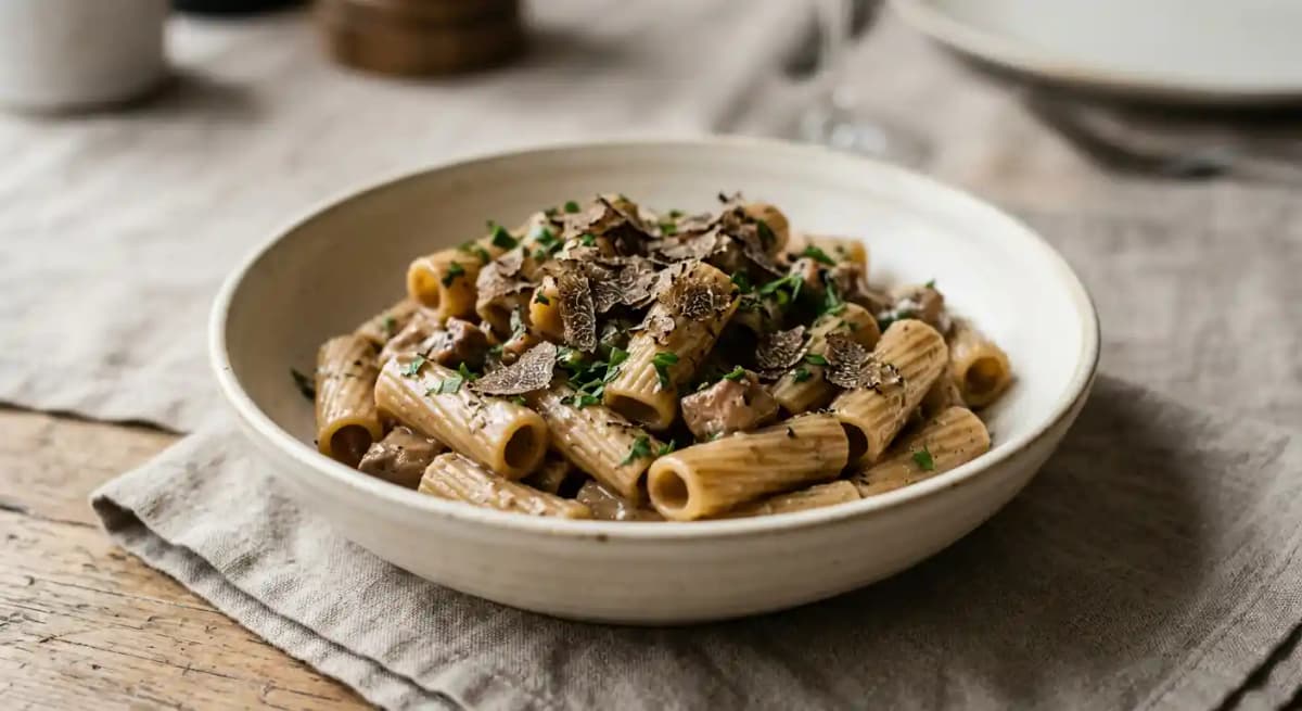 Ridged pasta with faux 'foie gras'