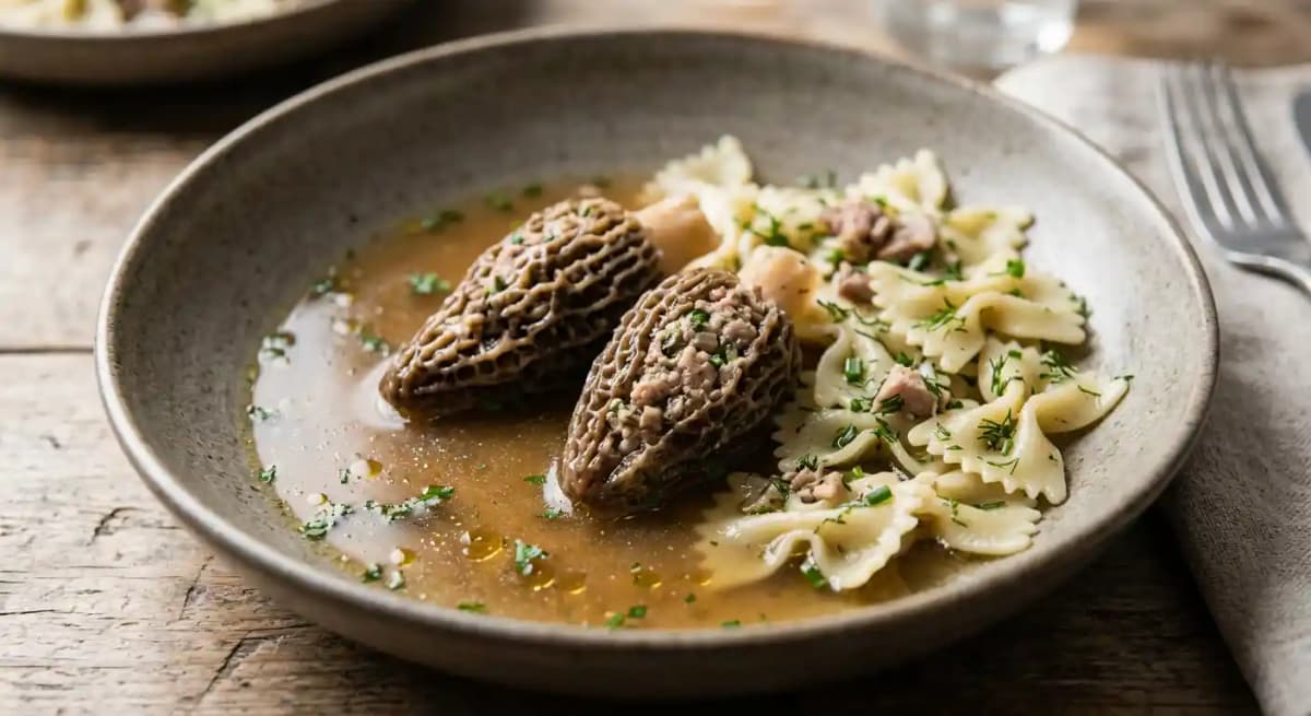 Morilles, farcie au lapin, consommé de lapin & pâte farfalle aux herbes