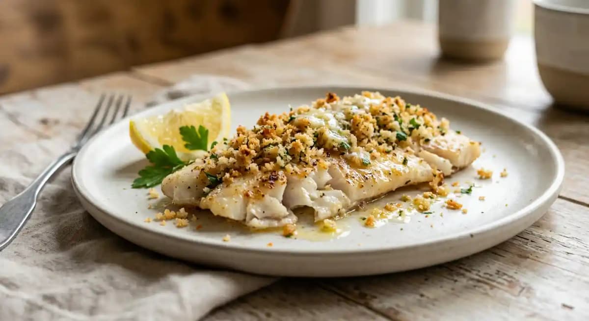 Broiled Haddock topped with Lemon, Butter, & Crumbs