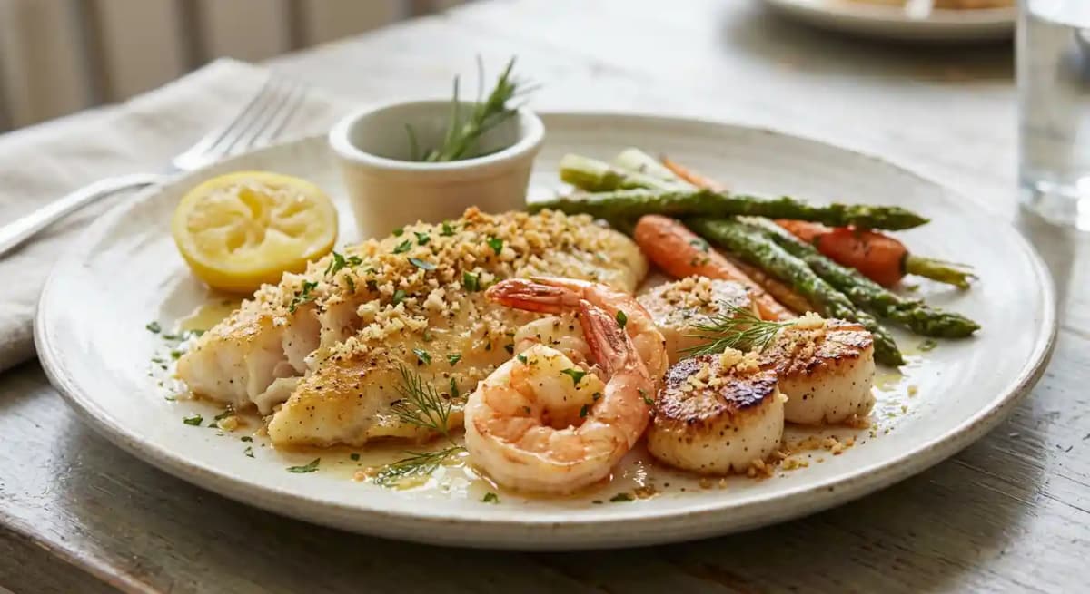 Broiled Seafood Sampler with Haddock, Shrimp & Scallops in Lemon, Butter & Crumbs