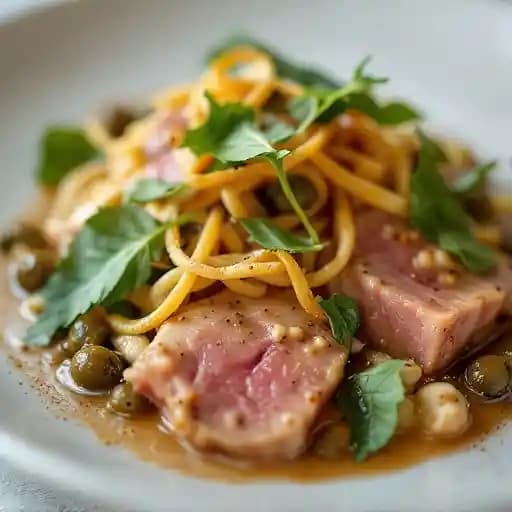 Lingua di vitello, caper leaves, tuna tonnato, pangrattato