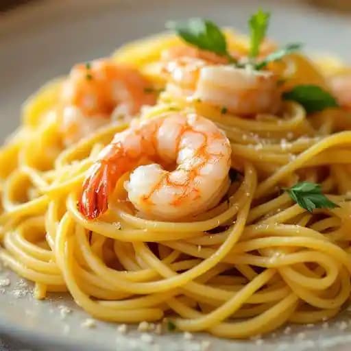 Saffron linguine, side stripe shrimp, aglio e olio, pangrattato