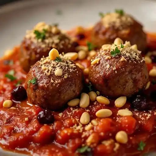 Meatballs, tomato, currants, pine nuts, grana padano