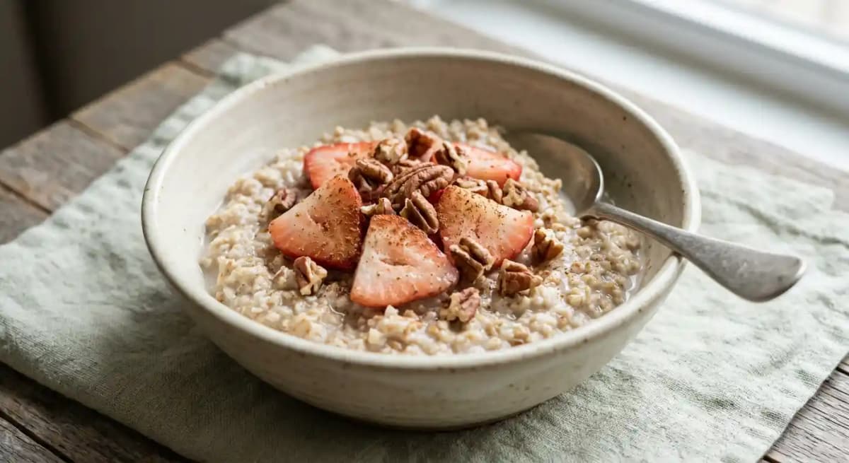 Steel Cut Oatmeal with Strawberries & Pecans