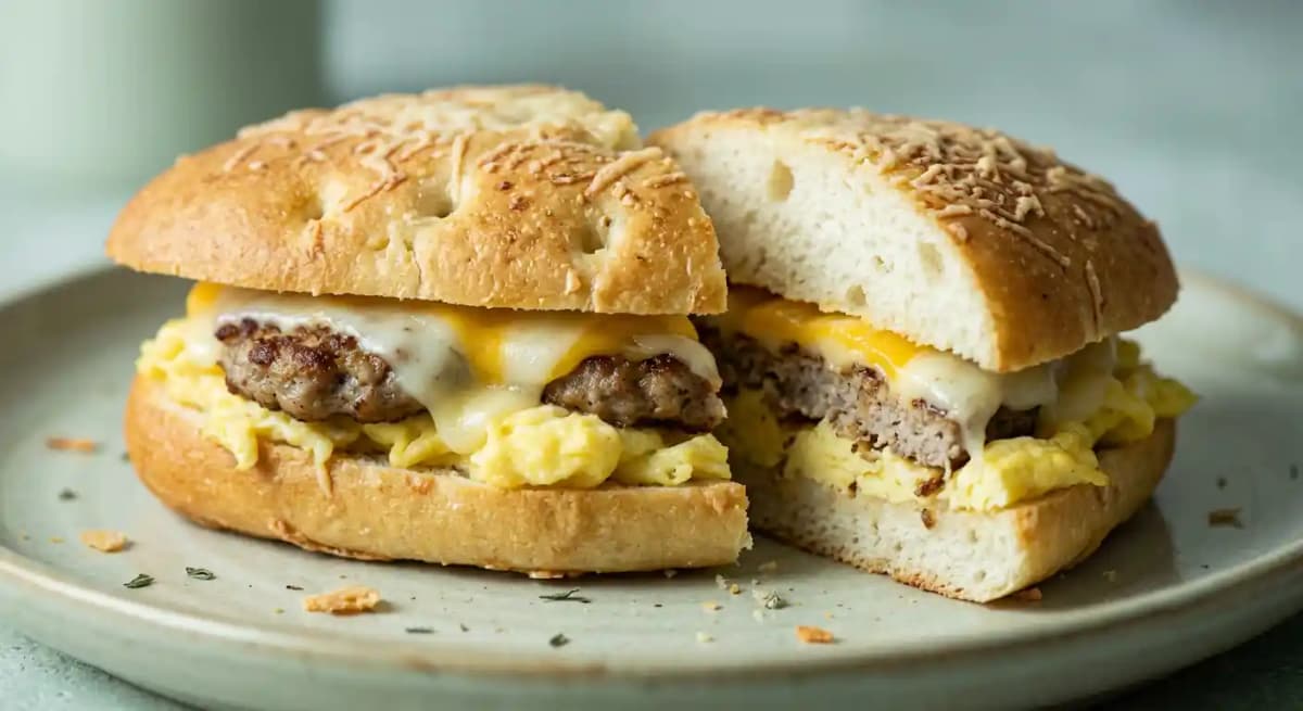 Sausage, Scrambled Egg & Cheese on Asiago