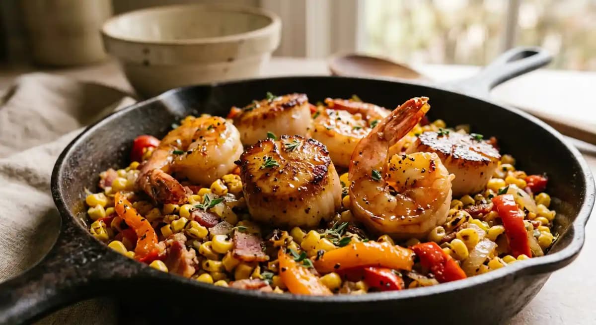Peach + Bourbon Glazed Scallops + Shrimp