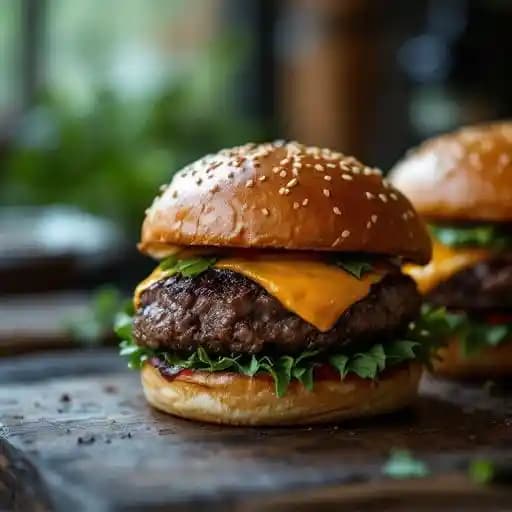 Burgers made with a blend of short rib, brisket, and chuck beef