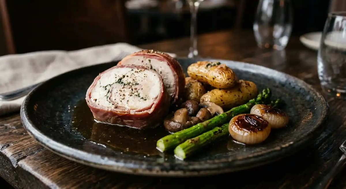 Prosciutto Wrapped Chicken Torchon with Brown Butter Fingerlings, Confit Mushrooms, Asparagus, Cipollini’s and Chicken Consommé