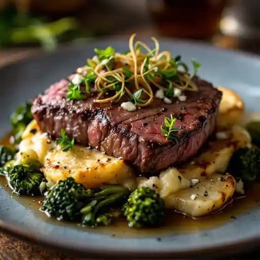 Smoked Roasted Tenderloin of Beef over Blue Cheese Potato Gratin, Charred Broccolini, Crispy Leeks, Sherry Caramelized Onion Butter and House Demi