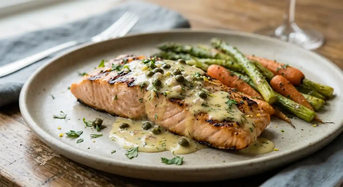 Grilled salmon W/ lemon caper Beurre blanc