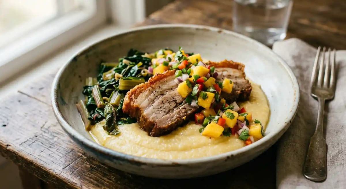 Crispy Pork Belly – Creamy Polenta, Swiss Chard, Peach Salsa