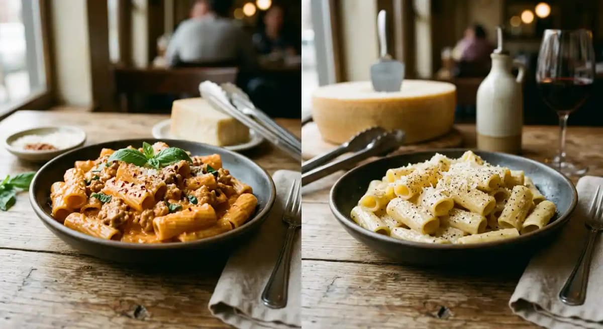 Rigatoni Ala Vodka Con Salsiccia and Cacio E' Pepe