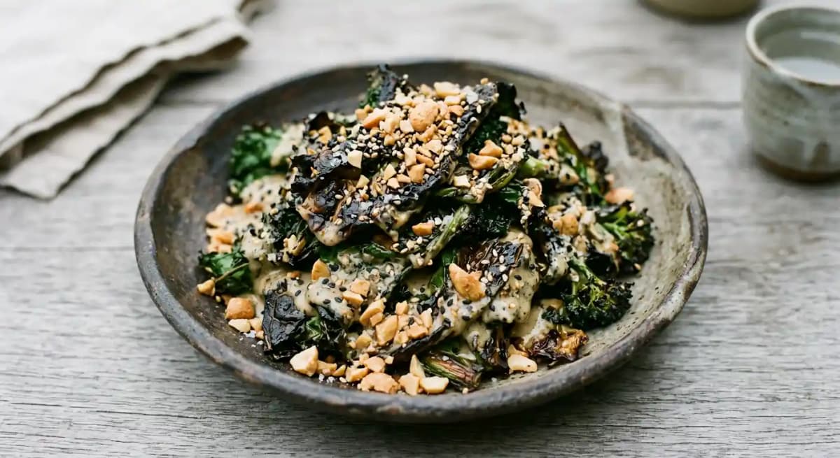 charred greens, tahini, peanut