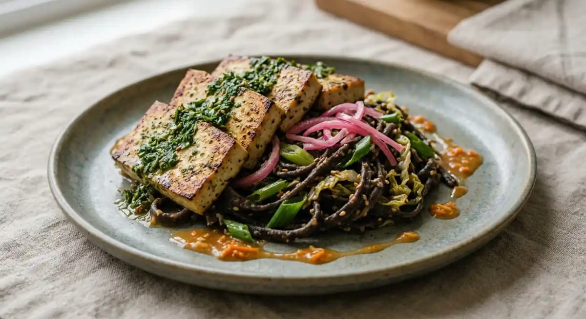 ENTRÈE - SEARED TOFU WITH SESAME BLACK BEAN PASTA