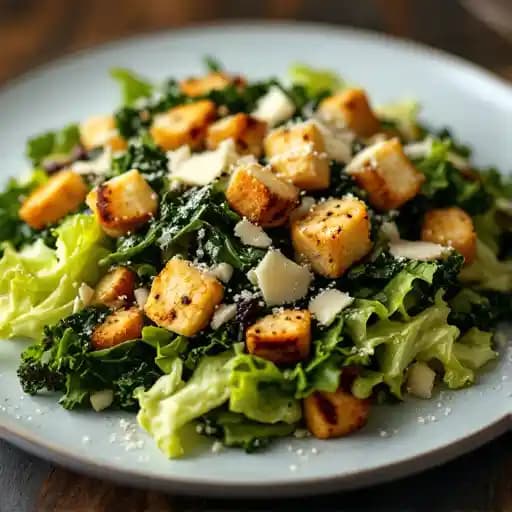 Caesar salad with chopped romaine hearts, grilled kale, house made dressing, parmesan, croutons