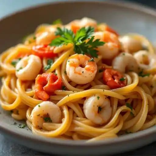Homemade Mafaldine Pasta with Squid and Prawns