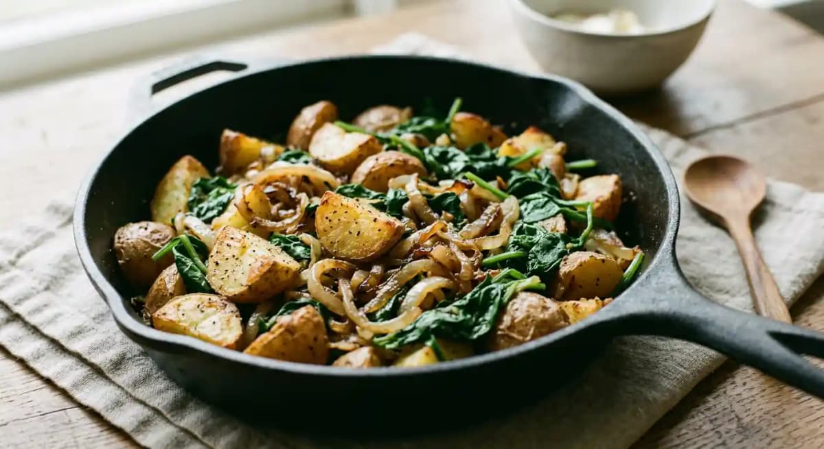 Skillet Potatoes & Onions and Osage Spinach