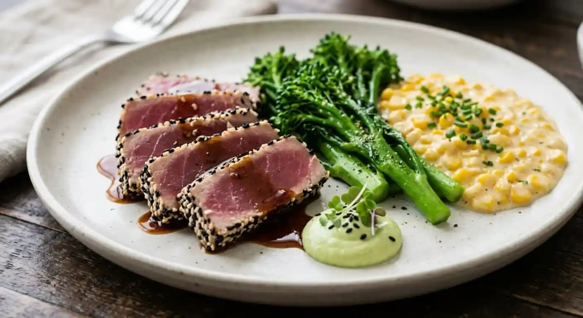 Sesame Seared Ahi Tuna with Soy Ginger Glaze & Wasabi Cream, Creamed Corn, & Broccolini