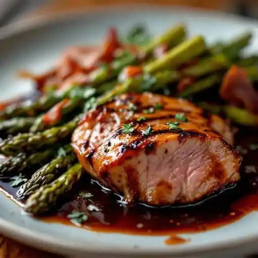 Grilled Pork Tenderloin with Chianti Demi Glace and Prosciutto Grilled Asparagus