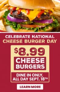 National Cheese Burger Day Special recipe served on a plate, by 99 Restaurants National Cheese Burger Day Special recipe served on a plate, by 99 Restaurants