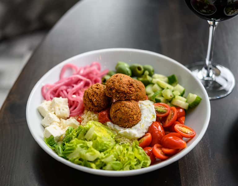 Mediterranean Falafel Bowl recipe served on a plate, by Patina 250 Mediterranean Falafel Bowl recipe served on a plate, by Patina 250