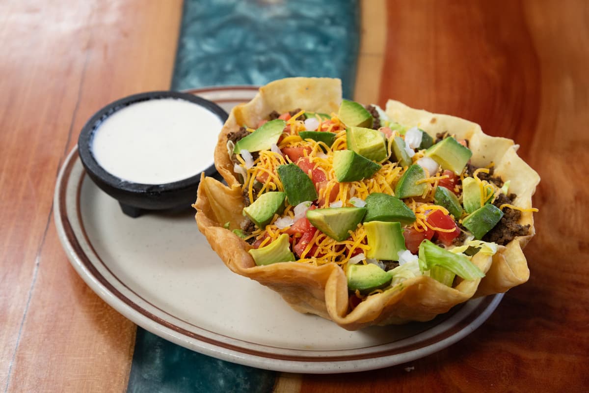 Toni's Taco Salad recipe served on a plate, by Sadie's of New Mexico Toni's Taco Salad recipe served on a plate, by Sadie's of New Mexico